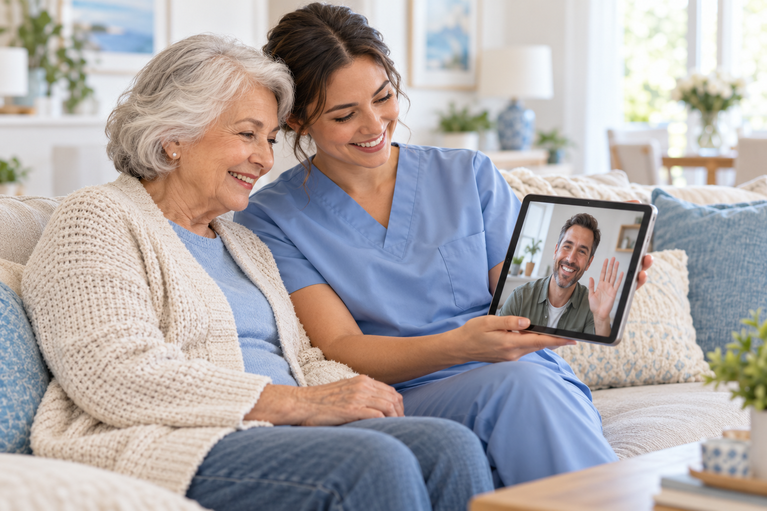 Illustration d’une personne âgée et de son intervenante en appel vidéo avec un proche sur une tablette